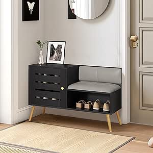 VECELO Shoe Bench with Storage for Entryway Removable Padded Cushion, Lourvered Door, Adjustable Shelf, 31.5''L X 13''W X 19''H, Black