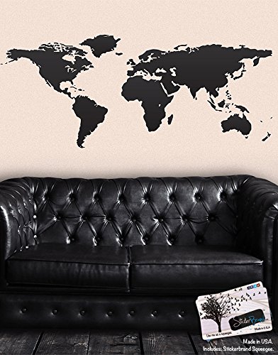 Stickerbrand Home Décor Vinyl Wall Art World Map of Earth Wall Decal Sticker - Black, 30" X 75". Easy to Apply & Removable.