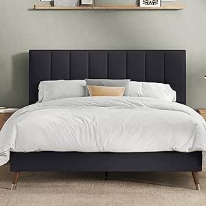 DG Casa Collette Mid Century Modern Tufted Upholstered Platform Bed Frame with Vertical Channel Headboard and Full Wooden Slats, Box Spring Not Required - Queen Size in Charcoal Fabric