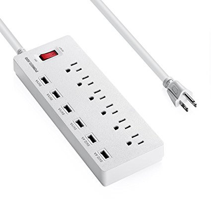 Poweradd Power Strip Surge Protector 6 Outlets & 6 Smart USB Charging Ports (6A Max), 6' Heavy Duty Extension Lead Cord, USB Outlet for Home & Office - White