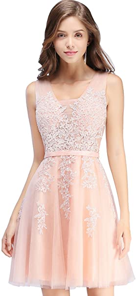 Babyonline Lace Tulle Prom Dresses Short V Neck Bridesmaid Homecoming Gown