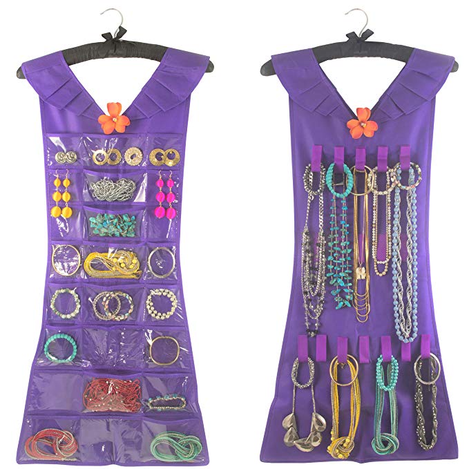 Marcus Mayfield Hanging Jewelry Organizer Closet Storage for Jewelry-Hair Accessories-Makeup-Necklaces-Bracelets-Earrings (Black Satin Hanger, Purple Dress, 24 Pockets 17 Hooks)