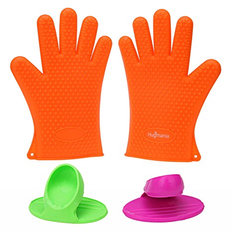 Heat Resistant Silicone BBQ Gloves Protective Oven Mitts Insulating Waterproof Safety for Outdoor Cooking, Barbecue Grilling, Household Use, Free Bonus Kitchen Pot Holder Finger Glove (2, Orange)