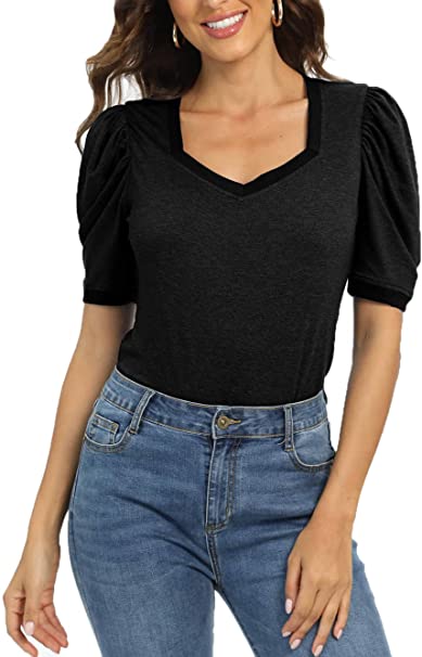 Famulily Puff-Sleeve Tops for Women V-Neck Short-Sleeve T-Shirt Tunic Blouse