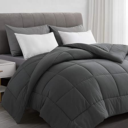 HEPERON Queen Quilted Goose Down Alternative Comforter-Hypoallergenic-All Season Luxury Duvet Insert with Corner Tabs-Duvet Insert or Stand-Alone Comforter,Box Stitched, Protects Against Dust Mites and Allergens(DARK GRAY, QUEEN)