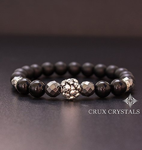 Men's Skull Bead Bracelet Matt Black Onyx & Hematite Gemstone Bracelet , Stretch Bracelet Gift for Him Biker Rocker Jewelry Crux Crystals