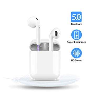 Wireless Earbuds Bluetooth 5.0 Headphones Stereo in-Ear Earphones with Noise Canceling Mic Portable Charging Case Cordless Sports Headsets,Compatible iOS Android Smartphone（White）