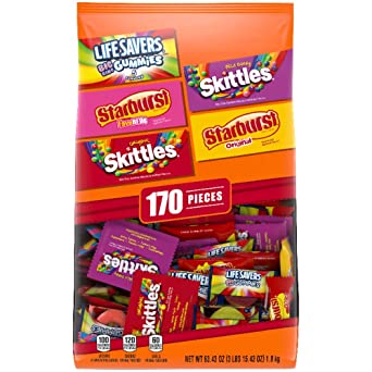 SKITTLES, STARBURST, and LIFE SAVERS Gummies Halloween Candy Bag, 170 Fun Size Pieces, 63.43 ounce