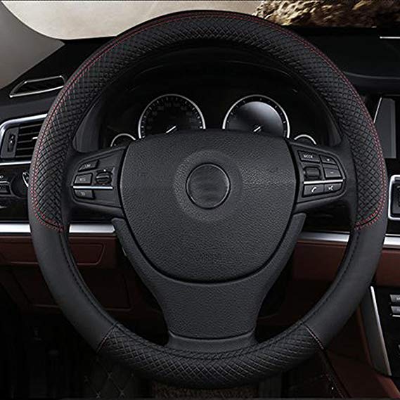SHIAWASENA Car Steering Wheel Cover, Genuine Leather, Universal 15 Inch Fit, Anti-Slip & Odor-Free (Black)