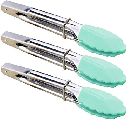 HINMAY Stainless Steel Food Tongs with Silicone Tips 7-Inch Mini Tongs, Set of 3 (Mint)