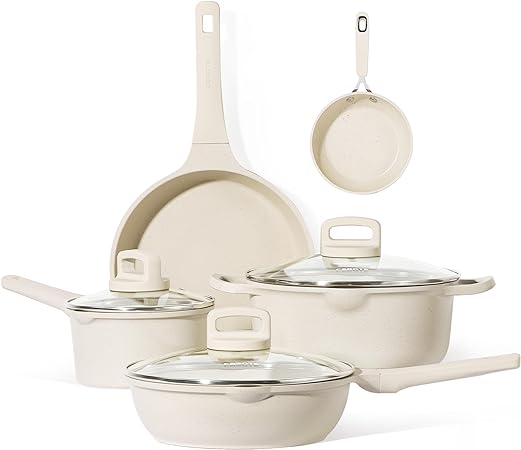 CAROTE 8 Pcs Pots and Pans Set, Nonstick Cookware Set, Non Stick Cooking Set, Kitchen Induction Cookware, Beige Granite