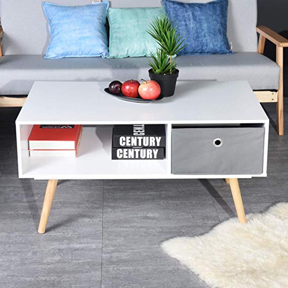 Aingoo Modern Coffee Table Mid Century 36IN with Drawer Display Rack Wooden Leg Particle Board