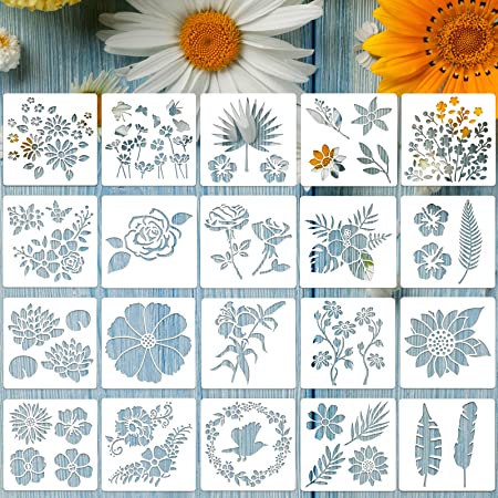 20 Pieces Flower Stencil Rose Sunflower Stencil Spring Summer Stencil Template Leaf Drawing Template Reusable Painting Stencil for Painting on Wood Wall Home Decorations, 6 x 6 Inches