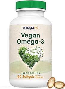 OmegaVia Vegan Omega 3 Supplement, 60 Softgels, Algae Omega 3 Fish Oil Alternative, 300mg Vegan DHA Omega-3 Fatty Acids, Plant Based, Planet and Ocean Friendly, IFOS 5 Star Tested