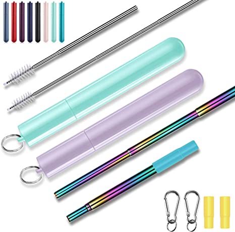 Reusable Straws with Case - Rubinom Metal Collapsible Stainless Steel Drinking Portable Straw with Silicone Tips Telescopic Cleaning Brush for Travel Working, 2 Pack of Mint-Green/Lavender