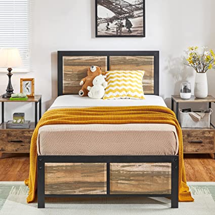 VECELO Twin Size Platform Bed Frame with Grey Oak Vintage Wood Headboard, Mattress Foundation, Strong Metal Slats Support, No Box Spring Needed