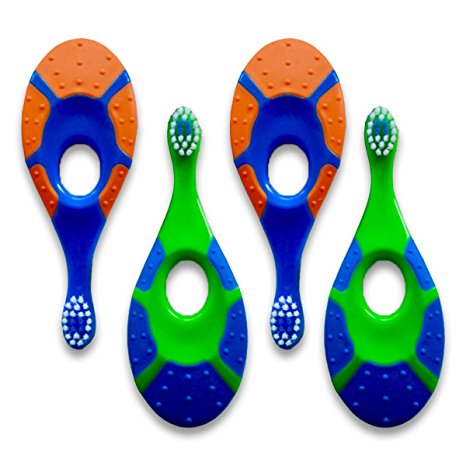 Trueocity Baby Toddler Toothbrush 4 pack - Soft Bristles - Teething Finger Handle Toothbrushes for 0 to 3 Years - Boy First Set (2 Blue/Orange & 2 Green/Blue) - BPA Free