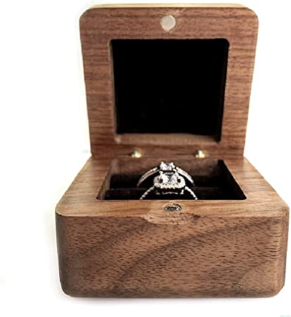 WANLIAN Walnut Engagement Ring Box, Solid Wood Square Double Ring Jewelry Storage Box, Used for Marriage Proposal, Wedding