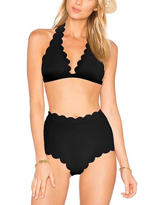 Blooming Jelly Women's High Waisted Swimsuit Halter Two Piece Scalloped Bikini Set