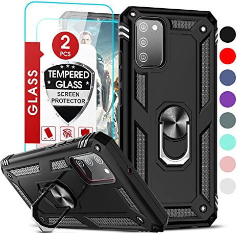 Samsung Galaxy A02S Phone Case (Not Fit A20S), Galaxy A02S Case with [2 Pack] Tempered Glass Screen Protector, LeYi [Military-Grade] Ring Holder Kickstand Protective Case for Samsung A02S, Black