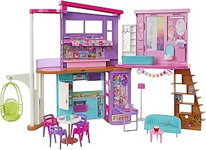 Barbie Vacation House, 2-Storey Fully-Furnished Barbie House with 6 Play Areas, Swing Chair Elevator, 30 Accessories, Fold and Store, Toys for Ages 3 and Up, One Toy House, HCD50