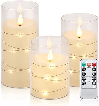 Aignis Flickering Flameless Candles Battery Operated Candles Recessed String Light LED Candles Unbreakable Plexiglass Candles with Remote Timer 3D Flame Set of 3 Warm White (D3 xH4 5" 6")