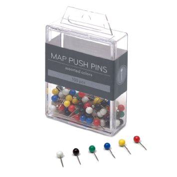U Brands Map Push Pins, Plastic Head, Steel Point, Assorted Colors, 100-Count