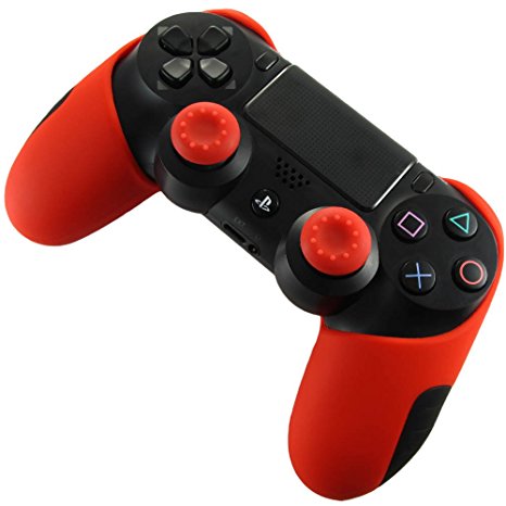 Pandaren® Silicone Thicker Half Skin For PS4/ SLIM/ PRO Controller x 1   Thumb Grip x 2 (Red)