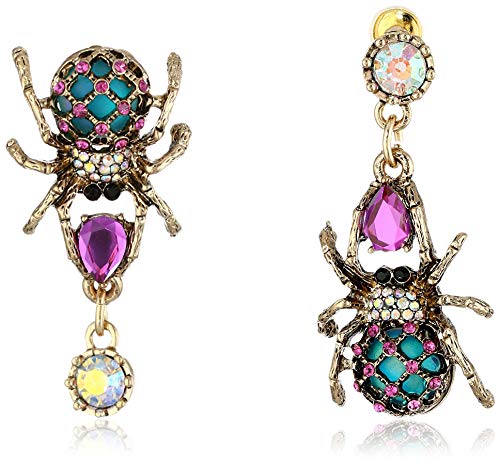 Betsey Johnson Women's Creepshow Spider Non-Matching Drop Earrings Pink/Antique Gold Drop Earrings