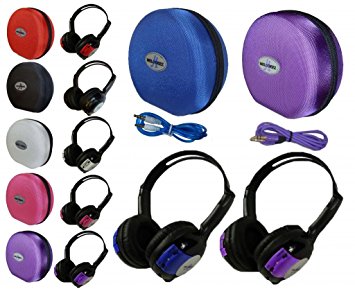 2 Pack Kid Sized Wireless Infrared Universal Car DVD IR Automotive Colored Adjustable 2 Channel Headphones With Case and 3.5mm Auxiliary Cord