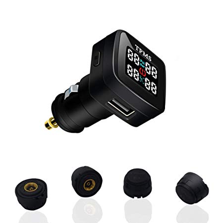 VICTOR TPMS Tire Pressure Monitoring System Cigarette Lighter Plug Tire Pressure Gauge Car Alarm System Universal Wireless Extra USB Socket 2A Charging LCD Display with 4 External Sensors …