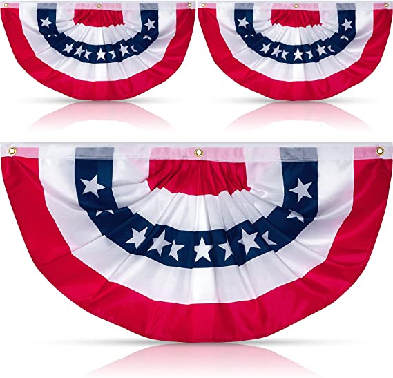 4th of July American Pleated Fan Flag 3 x 6 Feet USA Bunting Flag 1.5 x 3 Feet US Star Stripe Flag Banner Patriotic Embroidered Flag Garden Outdoor Decorations for Independence Day (3 Pieces)