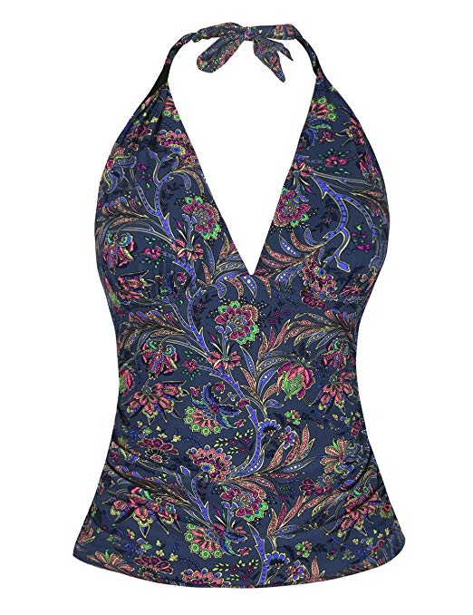 Hilor Women's Plunging V Neck Halter Swim Tops Shirred Tankini Top