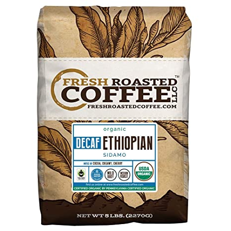 Fresh Roasted Coffee LLC, Organic Ethiopian Sidamo Decaf Coffee, Water Process Decaf, USDA Organic, Fair Trade, Medium Roast, Whole Bean, 5 Pound Bag