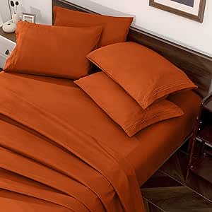 1000 Thread Count 100% Egyptian Cotton 4 Piece Sheet Set Luxury Hotel Soft Bed Sheets Fits Mattress Upto 18" Inch Deep Pocket, Queen Size - Burnt Orange Solid