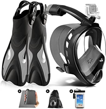 Odoland 5-in-1 Snorkel Set, Snorkeling Gear for Adults with Full Face Snorkel Mask, Adjustable Swim Fins, Beach Blanket, Waterproof Case and Mesh Bag, Anti-Fog Anti-Leak Scuba Gear for Men Women