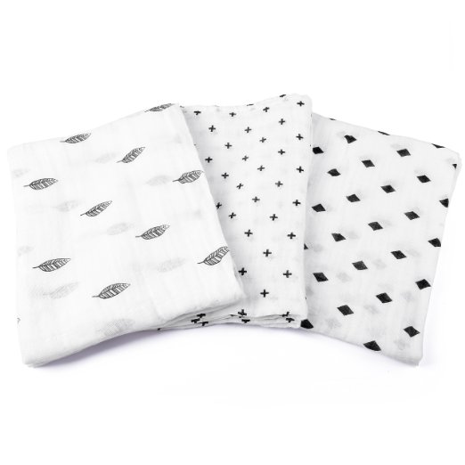 Swaddle Blankets - 3 Pack Unisex Large 47 x 47” - 100% Soft Breathable Muslin Cotton Receiving Wrap - Classic Black & White Designs - Burp Cloth For Babies - Perfect Baby Shower Gift For Boys & Girls