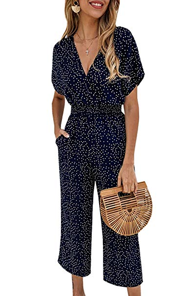 Angashion Women's Jumpsuits - Short Sleeves V Neck Polka Dot Wide Leg High Waist Romper with Pockets