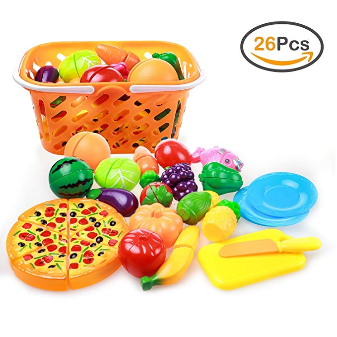 ZOUTOG Play Food, 26 Pieces Cutting Food Set for Kids Kitchen, Cooking Toys with Fruits / Veggies / Pizza / Storage Basket for Toddlers