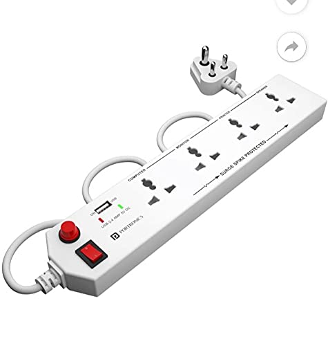 Portronics Power Plate 4 with 4 Power Sockets   1 USB Port Power Converter with Extension I Cord 1.5 Meter I 1500 Watts Max (White)