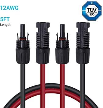 Renogy 5FT 12AWG Extension Cable with Male and Female Solar Panel Connectors, 5Ft. 12AWG, 1 Pair 5' 12 Gauge Red and Black