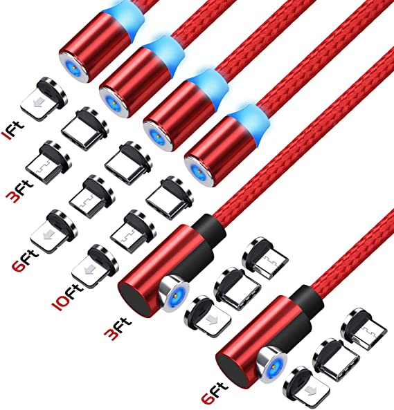 Magnetic Charging Cable, Ankndo Magnetic Phone Charger [6-Pack, 1ft/3ft/3ft/6ft/6ft/10ft] 3 in 1 USB Magnetic Cable Nylon Braided Cord Compatible Micro USB, Type C Smartphone & iProduct Device-Red