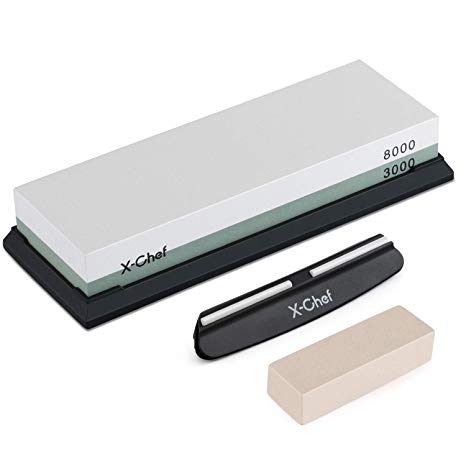 X-Chef Knife Sharpening Stone, 2 Side Grit 3000/8000 with Angle Guide, Nonslip Rubber and Flattening Stone