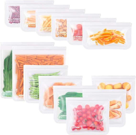 Reusable Food Storage Bags, Kollea 14 Pack Sandwich Bags in 3 Different Size, Extra Thick, Double Ziplock Seal Reusable Bags for Travel, Picnic, Home Organization