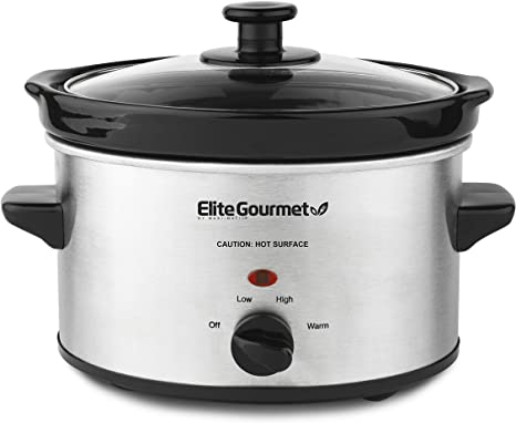 Elite Gourmet MST-275XS# Electric Oval Slow Cooker, Adjustable Temp, Entrees, Sauces, Stews & Dips, Dishwasher Safe Glass Lid & Crock (2 Quart, Stainless Steel)