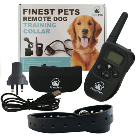 Finest Pets Remote Dog Training Anti Bark Collar for large and small dogs - Premium Vibration collar offering real relief for owners struggling with control. Vibrate, Beep and light modes. Fully rechargeable, waterproof & rainproof. Works to 330metres. 100% satisfaction guarantee