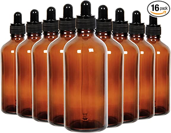 Youngever 16 Pack 4 Ounce Amber Glass Dropper Bottles for Essential Oil, 2 Stainless Steel Mini Funnels