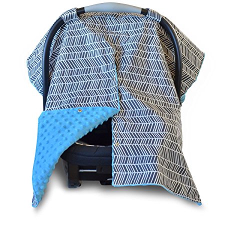 2 in 1 Carseat Canopy and Nursing Cover Up with Peekaboo Opening | Large Infant Car Seat Canopy for Girl or Boy | Best Baby Shower Gift for Breastfeeding Moms | Grey Herringbone Pattern and Blue Minky