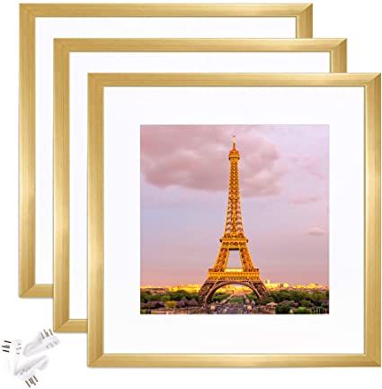 upsimples 12x12 Picture Frame Set of 3,Display Pictures 8x8 with Mat or 12x12 Without Mat,Multi Photo Frames Collage for Wall,Gold