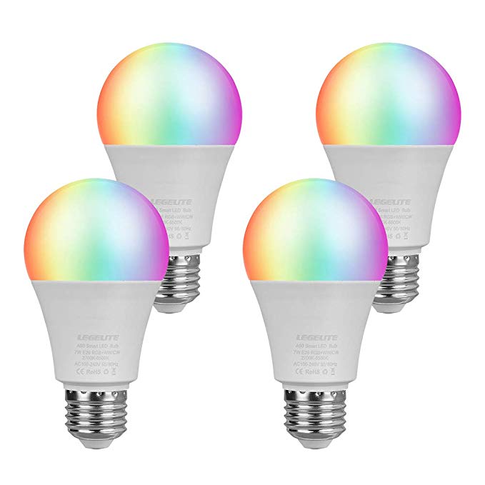 LEGELITE LED Smart Light Bulb, E26 7W WiFi Light Bulbs 2700K to 6500K Dimmable and RGBCW Color Changing, No Hub Required, Works with Amazon Echo Alexa Google Home and IFTTT, 60W Equivalent (4 Pack)